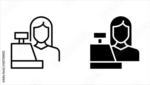 Male and Female cashier line icon set. Woman and Man worker at cash register, cashbox. Cashier concept on white background