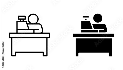 Male and Female cashier line icon set. Woman and Man worker at cash register, cashbox. Cashier concept on white background