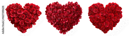 A heart-shaped arrangement of vivid red roses, isolated on white transparent background, symbolizing love and romance on Valentine Day, floral concept