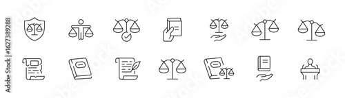 Law and justice outline icons set – legal, scales, court and balance symbols