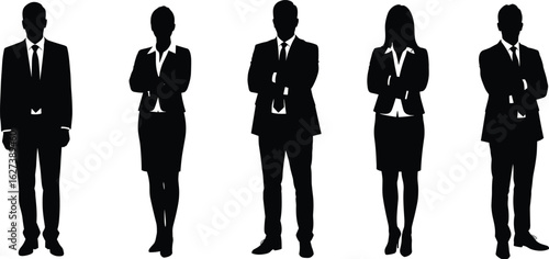Silhouettes of professional business people standing confidently, arms crossed, dressed in formal attire, ideal for corporate, HR, and leadership concepts