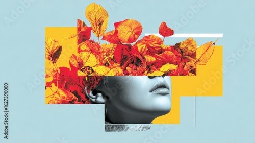 Abstract autumnal woman face collage art
