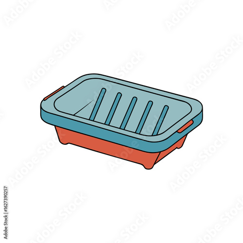 Simple cartoon illustration of a blue and orange soap dish on a black background