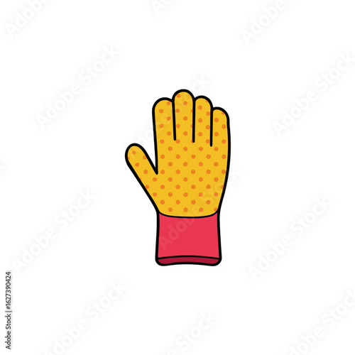 Yellow polka dot glove with red cuff isolated on black background