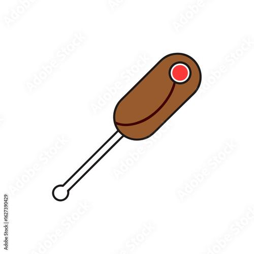 Cartoon corn dog on a stick with a red dot