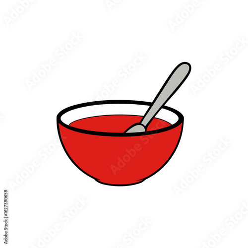 Red bowl of soup with a spoon on a black background