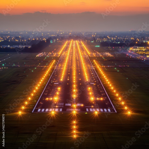 Runway at dusk, illuminated by lights