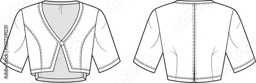 Women’s cropped bolero jacket with button closure, short sleeves, tailored fit, stylish fashion outerwear, casual to formal wear, versatile design