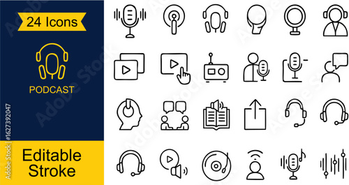 Minimalist podcast-themed icons: flat, modern, outline-style vector set featuring microphones, headphones, recording tools, sound waves, voice notes, editing, streaming, and studio gear.

