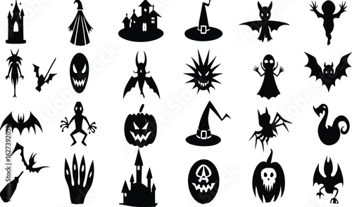 Halloween icons spooky creatures and symbols vector