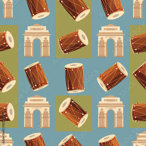 Indian Cultural Pattern: A vibrant, repeating pattern of India Gate and traditional percussion instrument is set on a geometric background that captures cultural identity.