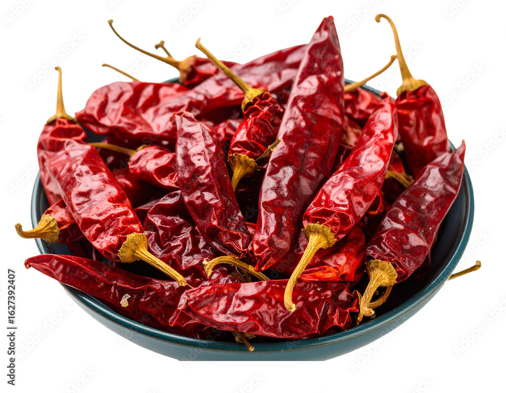 Obraz premium Dried Red Chilies in a Deep Bowl Isolated on White