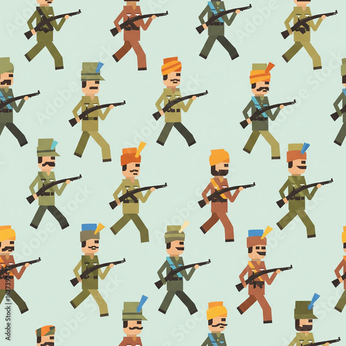 Muster of Warriors: A seamless repeat pattern depicts an array of armed warriors, marching in unison. The illustration, executed with a flat design aesthetic.