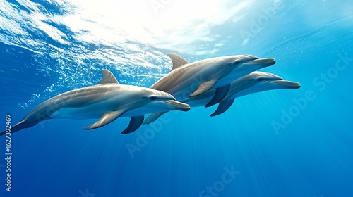 Dolphins Swimming in Clear Ocean Water Under Bright Sunlight
