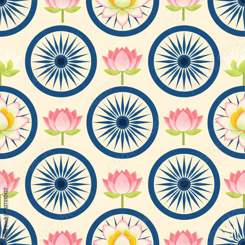 Wheel and Lotus pattern: a pattern that seamlessly blends the grace of the lotus flower with the dynamic energy of a wheel, the image is adorned with vibrant colors, adding a touch of sophistication.