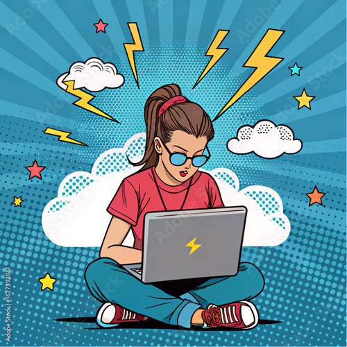 Pop-Art Girl Coding on Laptop with Neon Code Snippets and Halftone Background