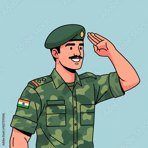 Saluting Soldier: A smiling indian soldier salutes respectfully, symbolizing dedication and valor in the line of duty.