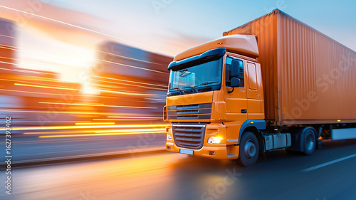 Fast moving orange truck on city road during sunset, showcasing logistics and transportation in action, conveying sense of urgency and efficiency