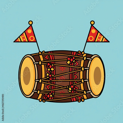 Dhol Drum and Flags: A colorful illustration of a traditional Indian Dhol drum, adorned with decorative flags, ready for festive celebrations, embodying the heart of music and cultural heritage.