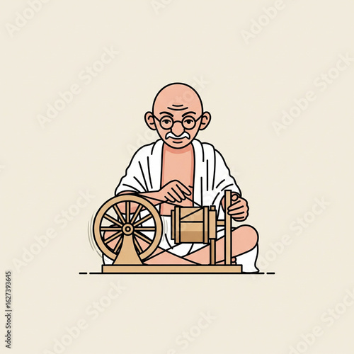 Gandhi with Spinning Wheel: A minimalistic representation of a historical figure, absorbed in the art of spinning on his traditional wheel, conveying a sense of simplicity and dedication.