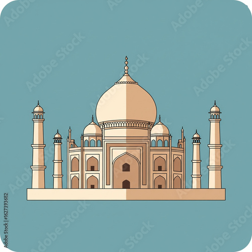 Taj Mahal Architectural Marvel: A flat illustration of the iconic Taj Mahal, a symbol of enduring love and architectural brilliance.