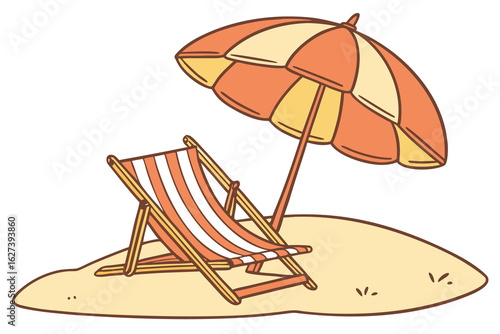 Striped beach chair and umbrella on sand vector