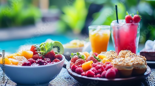 Colorful fruit platter and drinks by a pool