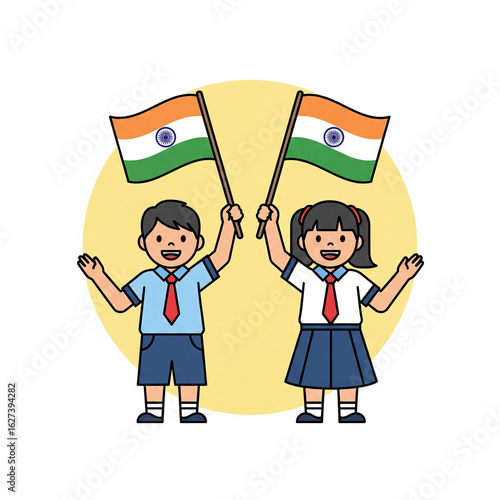 Joyful Patriotism: Two young children gleefully wave the national flags of India, symbolizing pride, unity, and the spirit of patriotism.