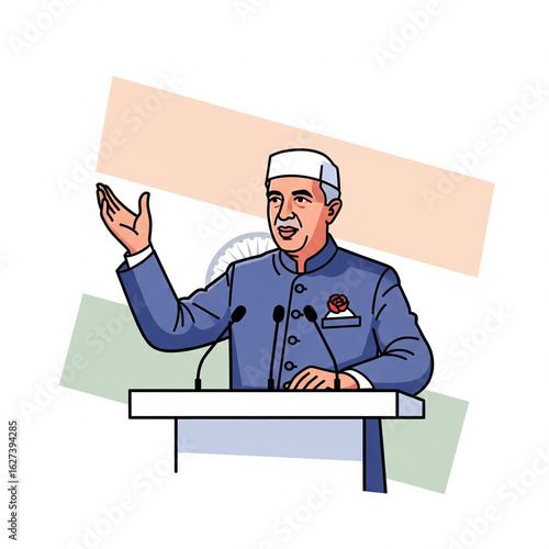 Leader's Address: A dignified leader, delivering a speech with passionate hand gestures, standing before a national flag, illustrating a moment of civic engagement.