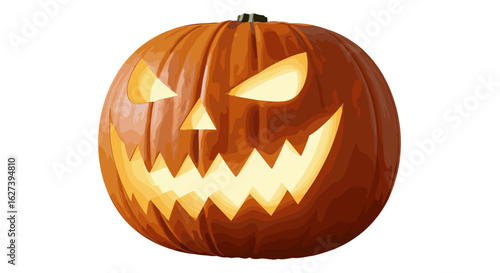 A single carved pumpkin with a sinister face illuminated on a white background