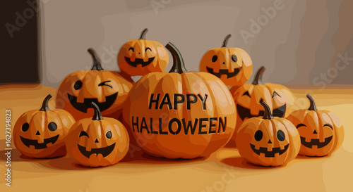 A group of halloween pumpkins with carved faces and happy halloween message