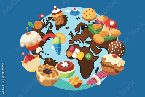 World map covered with colorful sweets and desserts globe