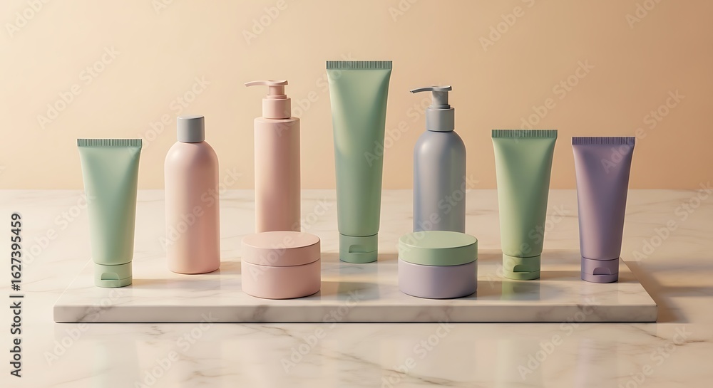Fototapeta premium Pastel Cosmetic Product Assortment on Marble