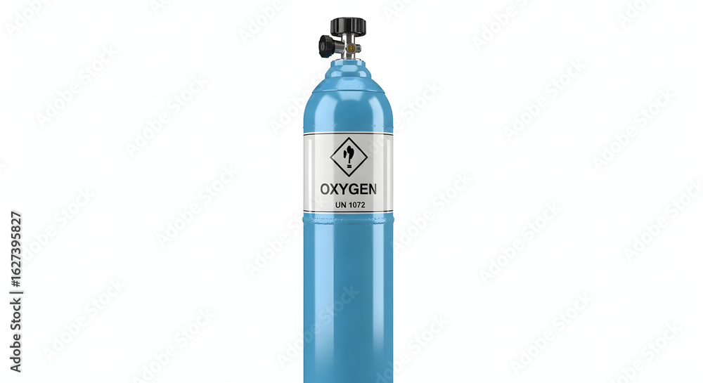 Obraz premium A light blue oxygen tank stands isolated against a white background.
