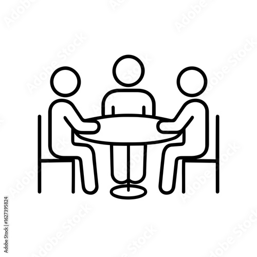Three people sitting at round table icon in outline style representing teamwork and discussion