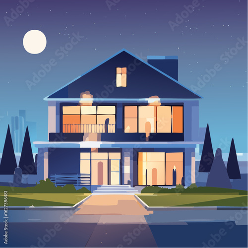 modern residential house with lights on at night, real estate lifestyle