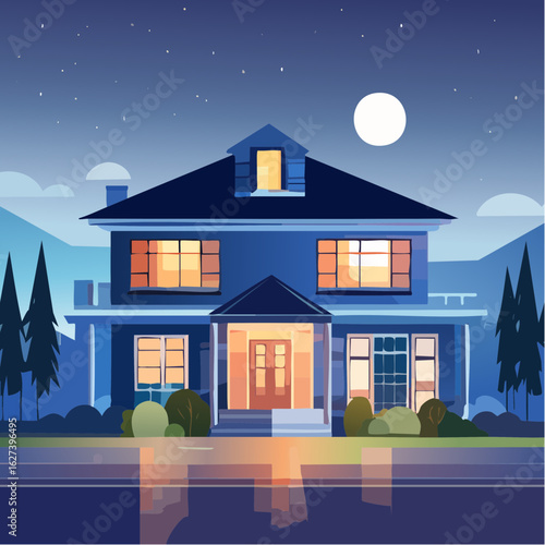 modern residential house with lights on at night, real estate lifestyle