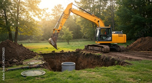 Excavator Digging Hole for Septic Tank Installation