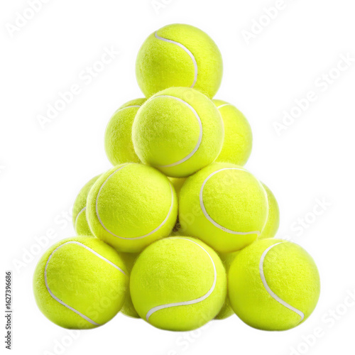 A pyramid stack of bright yellow tennis balls showcasing their fuzzy texture and white seams isolated on transparent background