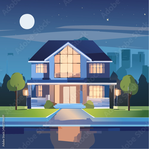 modern residential house with lights on at night, real estate lifestyle