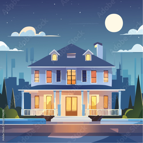 modern residential house with lights on at night, real estate lifestyle