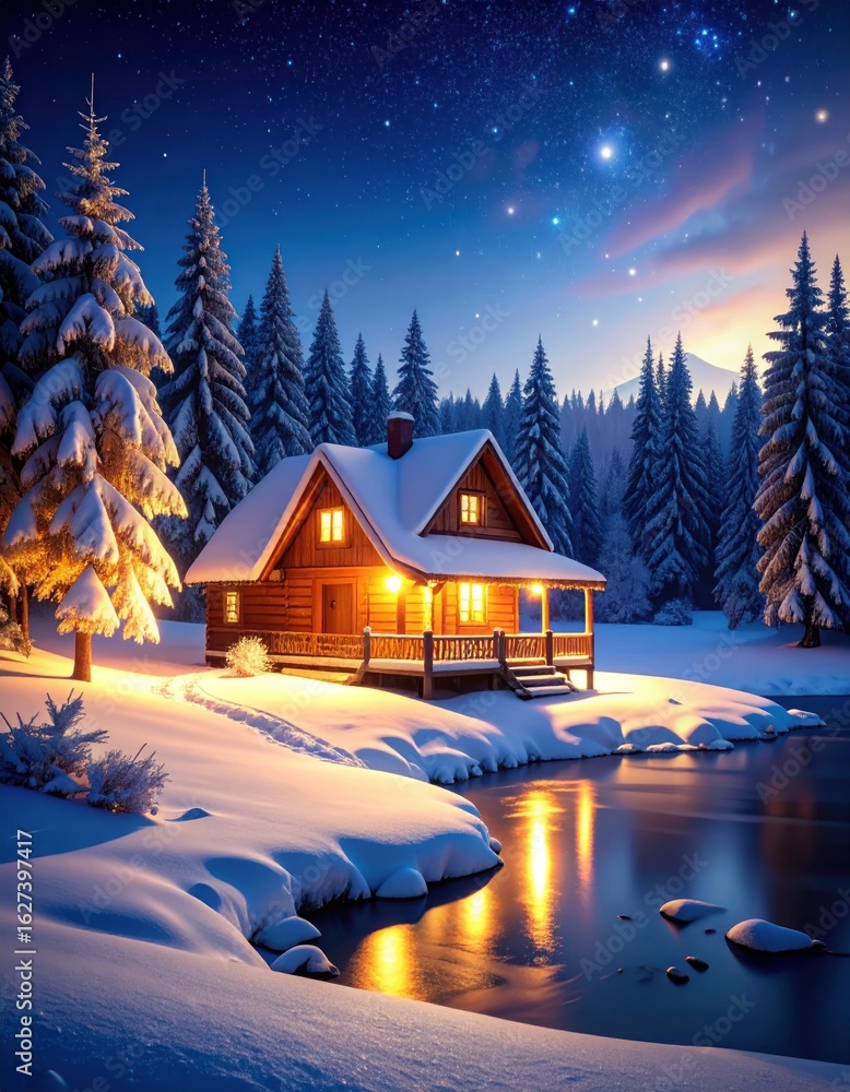 Fototapeta premium Cozy winter cabin by a frozen river (2)
