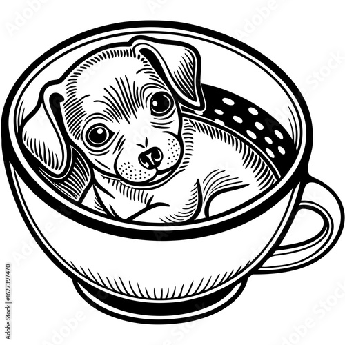 puppy-in-a-tea-cup. (linocut)