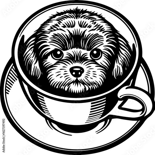 puppy-in-a-tea-cup. (linocut)