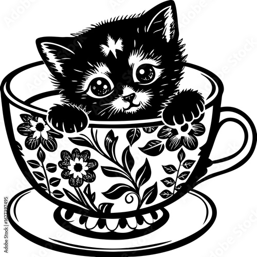 kitten in a tea cup (linocut)