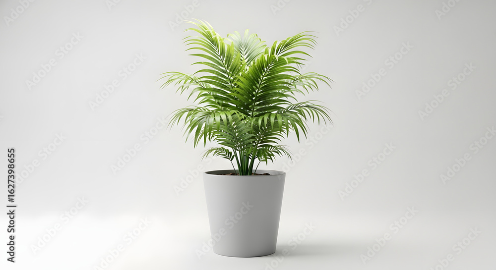 Fototapeta premium Potted areca palm plant with vibrant green fronds, centered in a simple gray pot against a plain white background.