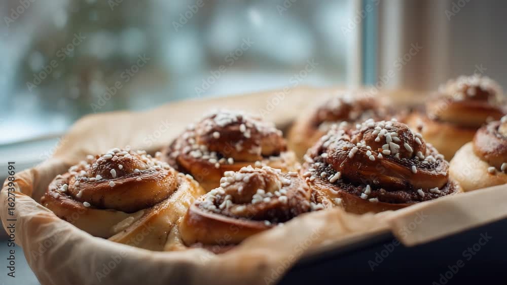 Freshly baked cinnamon rolls on a kitchen counter near a window during winter Freshly baked cinnamon rolls on a kitchen counter near a window during winter