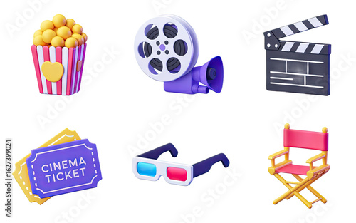 Cinema icons for movie night fun popcorn tickets 3D glasses film reel director chair clapperboard
