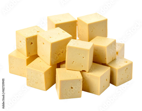 Fresh Yellow Tofu Cubes on White Background