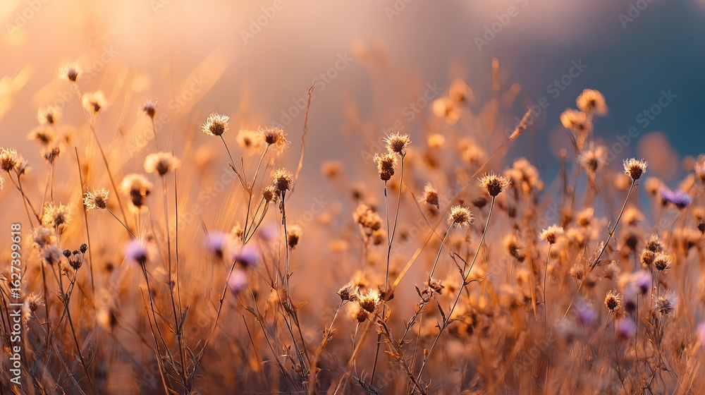 Fototapeta premium Abstract warm landscape of dry wildflower meadow at golden hour sunset